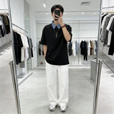 美式假两件正肩POLO衫男款夏季设计感翻领格子衬衫领拼接短袖T恤