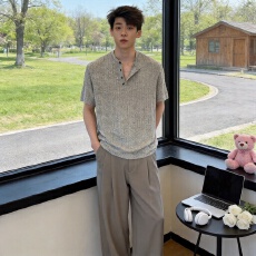 百搭麻感亨利领t恤男夏季松弛感老钱风短袖polo衫美式正肩半袖