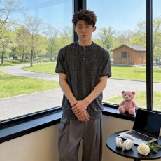 百搭麻感亨利领t恤男夏季松弛感老钱风短袖polo衫美式正肩半袖