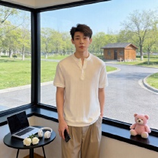 百搭麻感亨利领t恤男夏季松弛感老钱风短袖polo衫美式正肩半袖