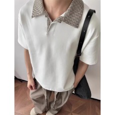 批发【广州面料，纯棉曼巴棉】千鸟格短袖polo衫男款夏季正肩T恤翻领
