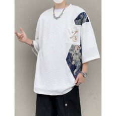 批发【广州面料，纯棉曼巴棉】新中式国风刺绣短袖T恤男美式重磅白色