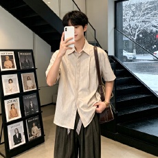 批发<b class='q'>夏季</b>日系复古格子短袖衬衫男女宽松休闲百搭潮流薄款衬港风痞帅男