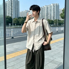 批发<b class='q'>夏季</b>日系复古格子短袖衬衫男女宽松休闲百搭潮流薄款衬港风痞帅男