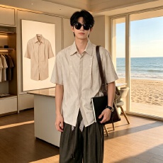 批发<b class='q'>夏季</b>日系复古格子短袖衬衫男女宽松休闲百搭潮流薄款衬港风痞帅男
