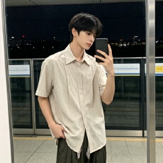 批发<b class='q'>夏季</b>日系复古格子短袖衬衫男女宽松休闲百搭潮流薄款衬港风痞帅男