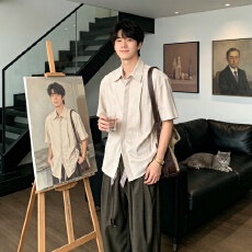 批发<b class='q'>夏季</b>日系复古格子短袖衬衫男女宽松休闲百搭潮流薄款衬港风痞帅男