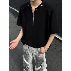批发【广州面料，纯棉曼巴棉】新款垫肩短袖T恤男夏亨利领半拉链潮牌