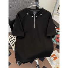批发【广州面料，纯棉曼巴棉】新款垫肩短袖T恤男夏亨利领半拉链潮牌