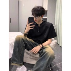批发【广州面料，纯棉曼巴棉】新款垫肩短袖T恤男夏亨利领半拉链潮牌