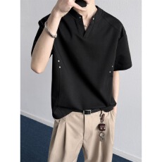 批发【广州面料，纯棉曼巴棉】2026夏季新款铆钉拼接曼巴棉短袖百搭男