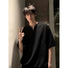 批发【广州面料，纯棉曼巴棉】2026夏季新款铆钉拼接曼巴棉短袖百搭男