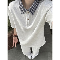 批发美式假两件正肩<b class='q'>POLO</b><b class='q'>衫</b><b class='q'>男</b>款夏季设计感翻领格子衬<b class='q'>衫</b>领拼接短袖T恤