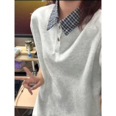 批发美式假两件正肩<b class='q'>POLO</b><b class='q'>衫</b><b class='q'>男</b>款夏季设计感翻领格子衬<b class='q'>衫</b>领拼接短袖T恤