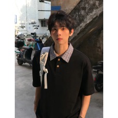 批发美式假两件正肩<b class='q'>POLO</b><b class='q'>衫</b><b class='q'>男</b>款夏季设计感翻领格子衬<b class='q'>衫</b>领拼接短袖T恤