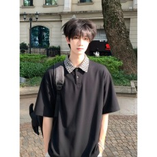 批发美式假两件正肩<b class='q'>POLO</b><b class='q'>衫</b><b class='q'>男</b>款夏季设计感翻领格子衬<b class='q'>衫</b>领拼接短袖T恤