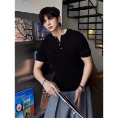 批发深灰色麻感亨利领t恤男夏季松弛感老钱风短袖polo衫美式正肩半袖
