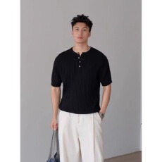 批发深灰色麻感亨利领t恤男夏季松弛感老钱风短袖polo衫美式正肩半袖