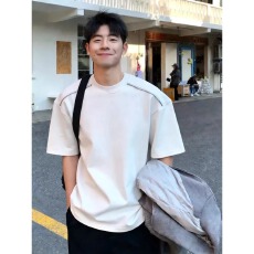 批发肩膀拉链条潮牌圆领短袖T恤男装百搭休闲美式