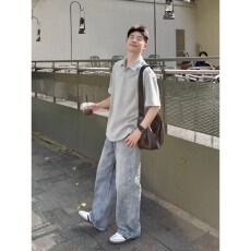 批发美式后包领宽松潮牌<b class='q'>Polo</b>领短袖t恤<b class='q'>男</b>女装休闲百搭