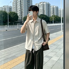 批发夏季<b class='q'>日系</b><b class='q'>复古</b>格子短袖衬衫男女宽松休闲百搭潮流薄款衬港风痞帅男