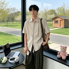 批发夏季<b class='q'>日系</b><b class='q'>复古</b>格子短袖衬衫男女宽松休闲百搭潮流薄款衬港风痞帅男