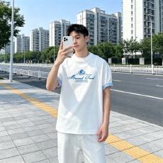 批发夏季美式字母刺绣短袖<b class='q'>男</b>潮流宽松休闲百搭<b class='q'>男</b>女款<b class='q'>T</b><b class='q'>恤</b>情侣半袖圆领