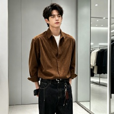 批发秋季设计感假两件长袖<b class='q'>衬衫</b><b class='q'>男</b>宽松垂感百搭<b class='q'>休闲</b>潮流痞帅小众复古<b class='q'>男</b>