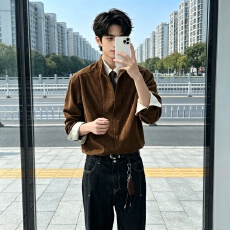 批发秋季设计感假两件长袖<b class='q'>衬衫</b><b class='q'>男</b>宽松垂感百搭<b class='q'>休闲</b>潮流痞帅小众复古<b class='q'>男</b>