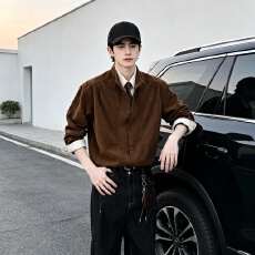 批发秋季设计感假两件长袖<b class='q'>衬衫</b><b class='q'>男</b>宽松垂感百搭<b class='q'>休闲</b>潮流痞帅小众复古<b class='q'>男</b>