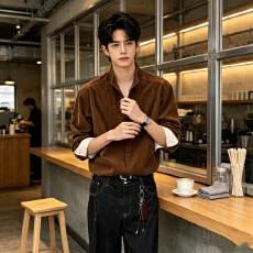 批发秋季设计感假两件长袖<b class='q'>衬衫</b><b class='q'>男</b>宽松垂感百搭<b class='q'>休闲</b>潮流痞帅小众复古<b class='q'>男</b>