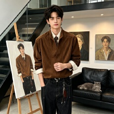 批发秋季设计感假两件长袖<b class='q'>衬衫</b><b class='q'>男</b>宽松垂感百搭<b class='q'>休闲</b>潮流痞帅小众复古<b class='q'>男</b>