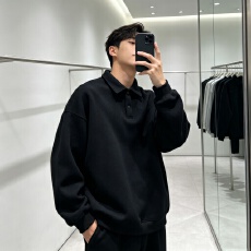 批发休闲Polo领卫衣男春<b class='q'>秋</b>季宽松百搭翻领套头衫韩系简约重磅上衣