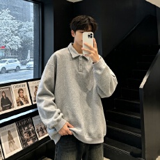 批发休闲Polo领卫衣男春<b class='q'>秋</b>季宽松百搭翻领套头衫韩系简约重磅上衣