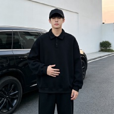 休闲Polo领卫衣男春秋季宽松百搭翻领套头衫韩系简约重磅上衣