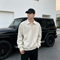 休闲Polo领卫衣男春秋季宽松百搭翻领套头衫韩系简约重磅上衣