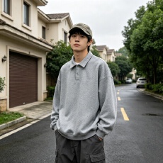 批发休闲Polo领卫衣男春秋季宽松百搭翻领<b class='q'>套头衫</b>韩系简约重磅上衣