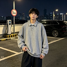 批发<b class='q'>休闲</b>Polo领卫衣男春秋季宽松百搭翻领套头衫韩系简约重磅上衣