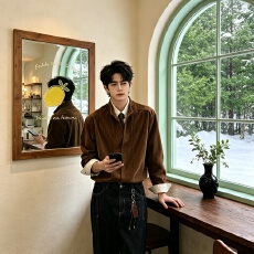 批发秋季设计感假两件<b class='q'>长袖</b><b class='q'>衬衫</b>男宽松垂感百搭休闲潮流痞帅小众复古男
