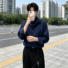 批发秋冬藏青色双层领叠穿<b class='q'>衬衫</b>高级感宽<b class='q'>长袖</b><b class='q'>衬衣</b>休闲潮流男生痞帅上衣