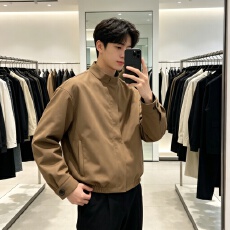 批发极简老钱风咖色暗门襟圆领<b class='q'>外套</b>男美式复古哈灵顿短款飞行夹克上衣
