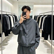 批发极简老钱风咖色暗门襟圆领<b class='q'>外套</b>男美式复古哈灵顿短款飞行夹克上衣