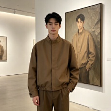批发极简老钱风咖色暗门襟圆领<b class='q'>外套</b>男美式复古哈灵顿短款飞行夹克上衣