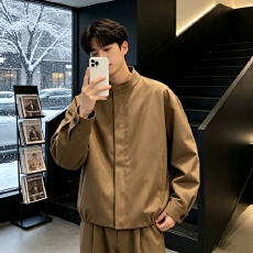 批发极简老钱风咖色暗门襟圆领<b class='q'>外套</b>男美式复古哈灵顿短款飞行夹克上衣