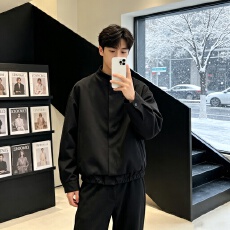 批发极简老钱风咖色暗门襟圆领<b class='q'>外套</b>男美式复古哈灵顿短款飞行夹克上衣