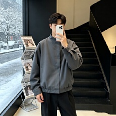 批发极简老钱风咖色暗门襟圆领<b class='q'>外套</b>男美式复古哈灵顿短款飞行夹克上衣
