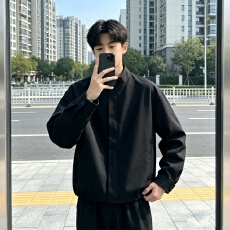 批发极简老钱风咖色暗门襟圆领<b class='q'>外套</b>男美式复古哈灵顿短款飞行夹克上衣