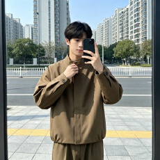 批发极简老钱风咖色暗门襟圆领<b class='q'>外套</b>男美式复古哈灵顿短款飞行夹克上衣
