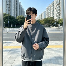 批发极简老钱风咖色暗门襟圆领<b class='q'>外套</b>男美式复古哈灵顿短款飞行夹克上衣