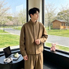 批发极简老钱风咖色暗门襟圆领<b class='q'>外套</b>男美式复古哈灵顿短款飞行夹克上衣